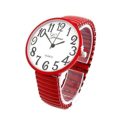 Super Large Face Easy To Read Stretch Band Geneva Watch - Red