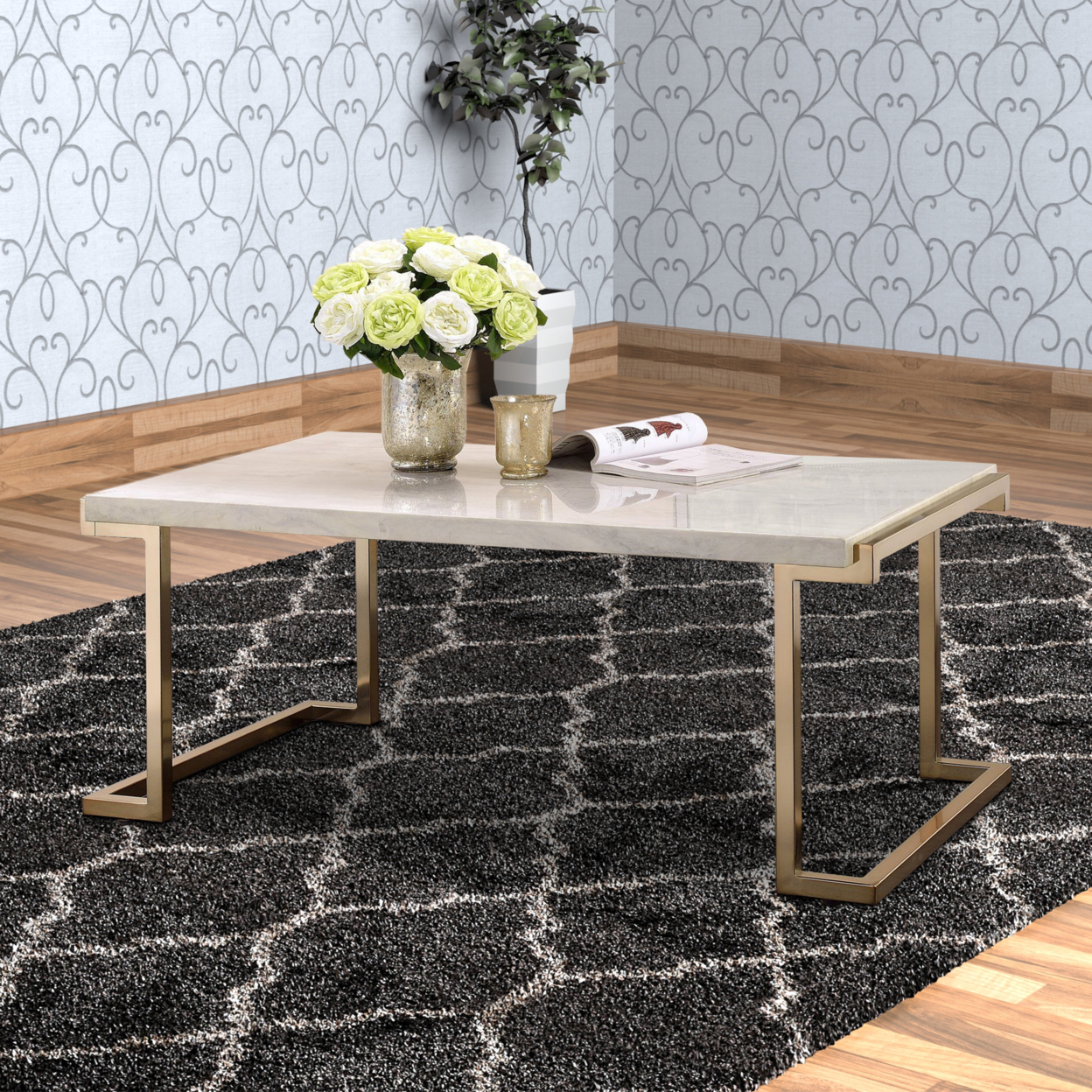 Faux Marble Top Coffee Table With Metal Base, White And Gold- Saltoro Sherpi