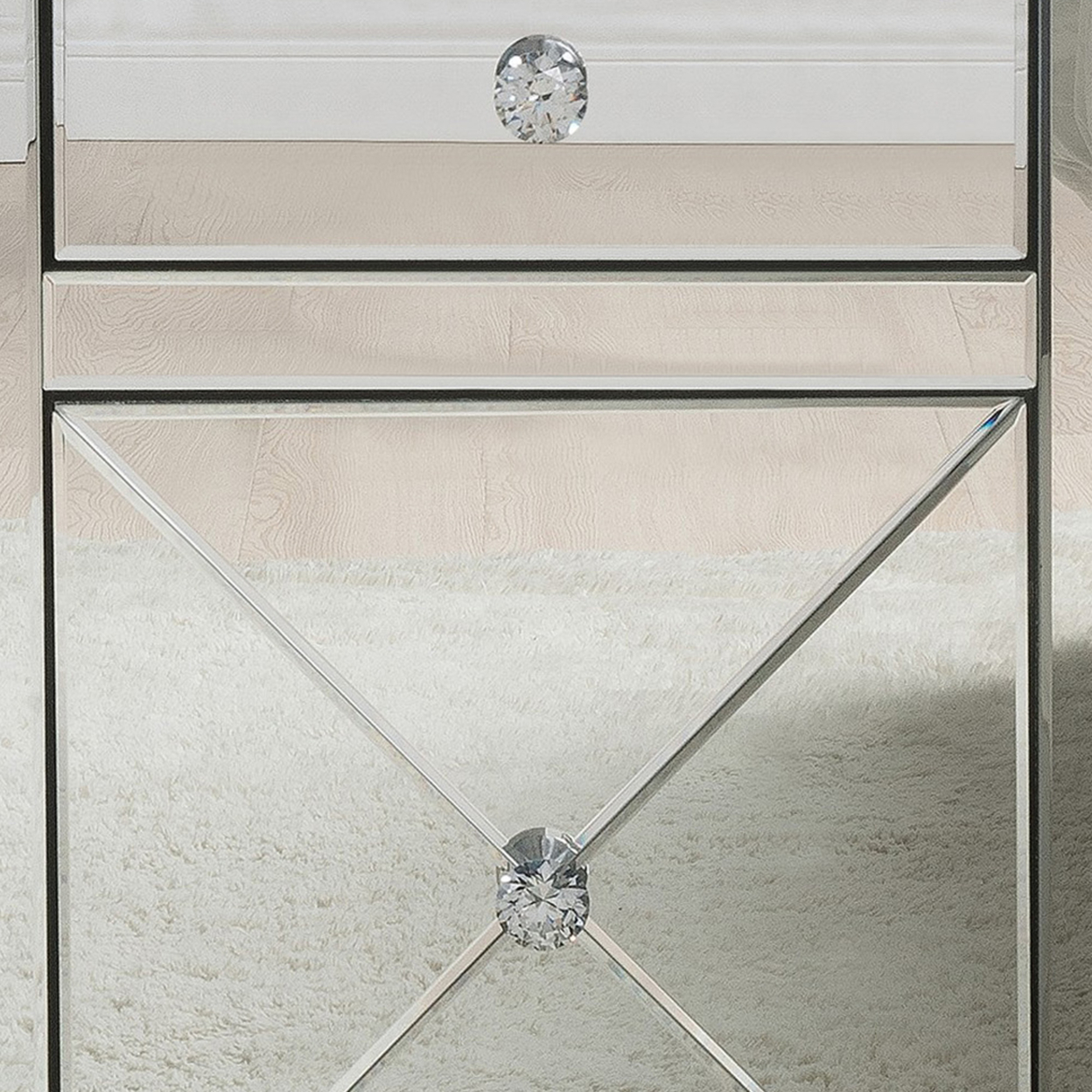 Wood & Mirror Nightstand With Crystal Inserts, Silver- Saltoro Sherpi