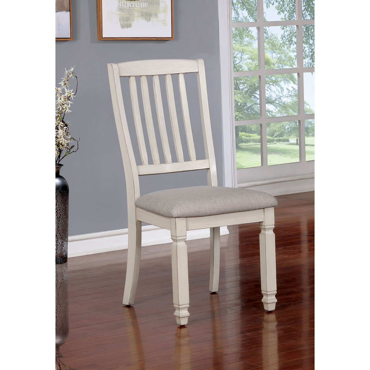 Solid Wood Side Chair With Fabric Padded Seat, Pack Of Two, Antique White And Gray- Saltoro Sherpi