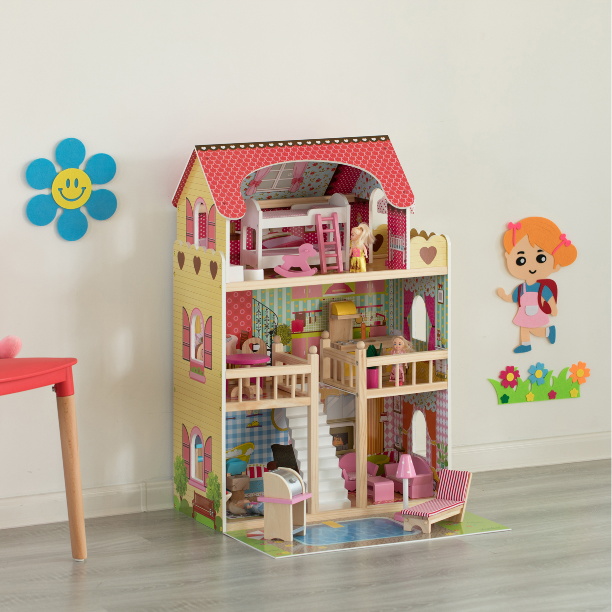 Wooden Doll House With Toys And Furniture Accessories With LED Light For Ages 3+