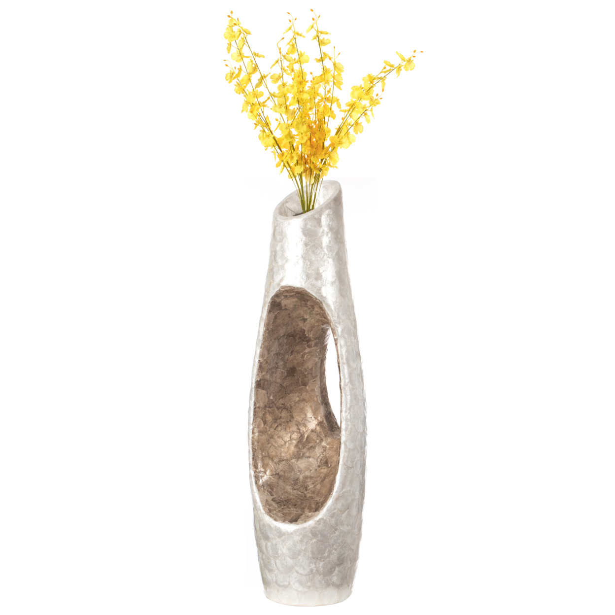 Modern Unique Design White Floor Flower Vase With Gold Interior, For Living Room, Entryway Or Dining Room, 43 Inch