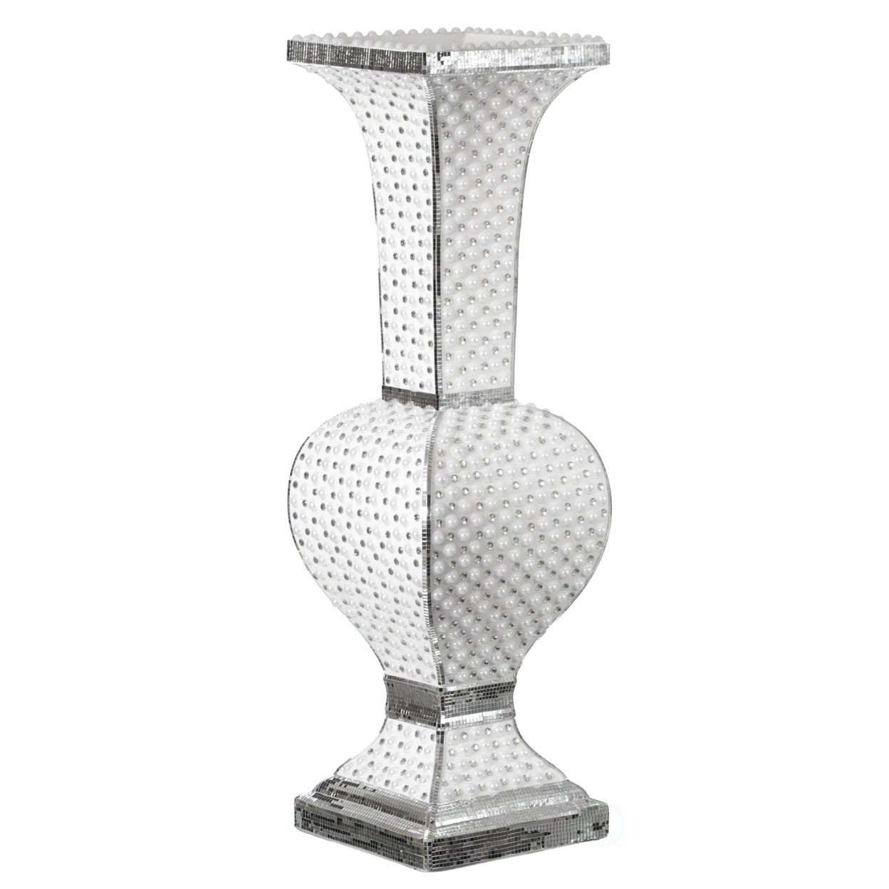 Contemporary Wedding Floor Flower Vase With Silver Studs And White Pearl Design, For Living Room, Entryway Or Dining Room, 40 Inch