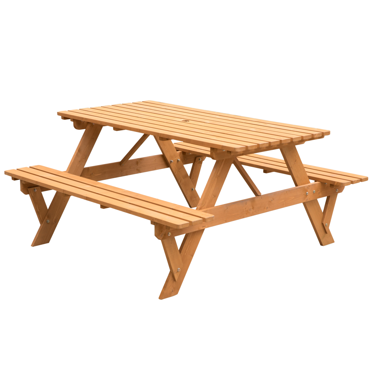 Outdoor Wooden Patio Deck Garden 6-Person Picnic Table, For Backyard, Garden - Stained