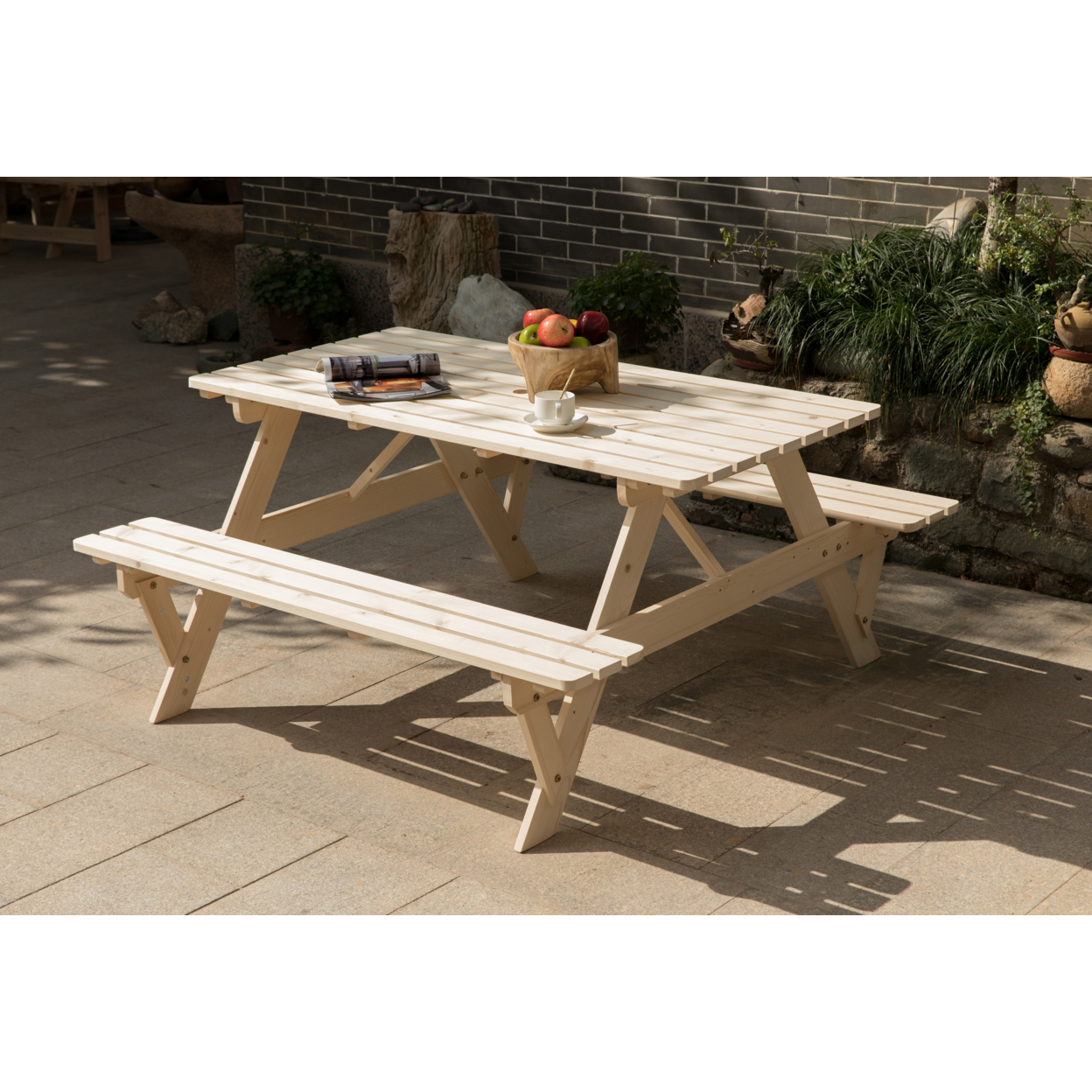 Outdoor Wooden Patio Deck Garden 6-Person Picnic Table, For Backyard, Garden - Stained