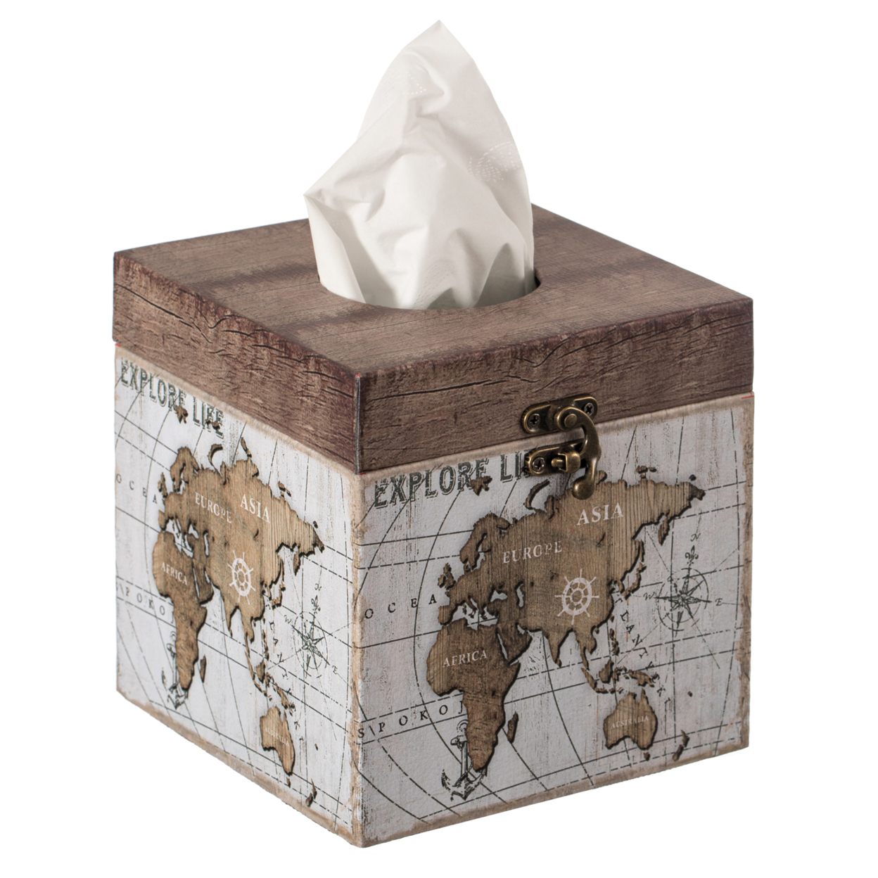 Facial Tissue Box Holder For Your Bathroom, Office, Or Vanity With Decorative World Map Design - Square