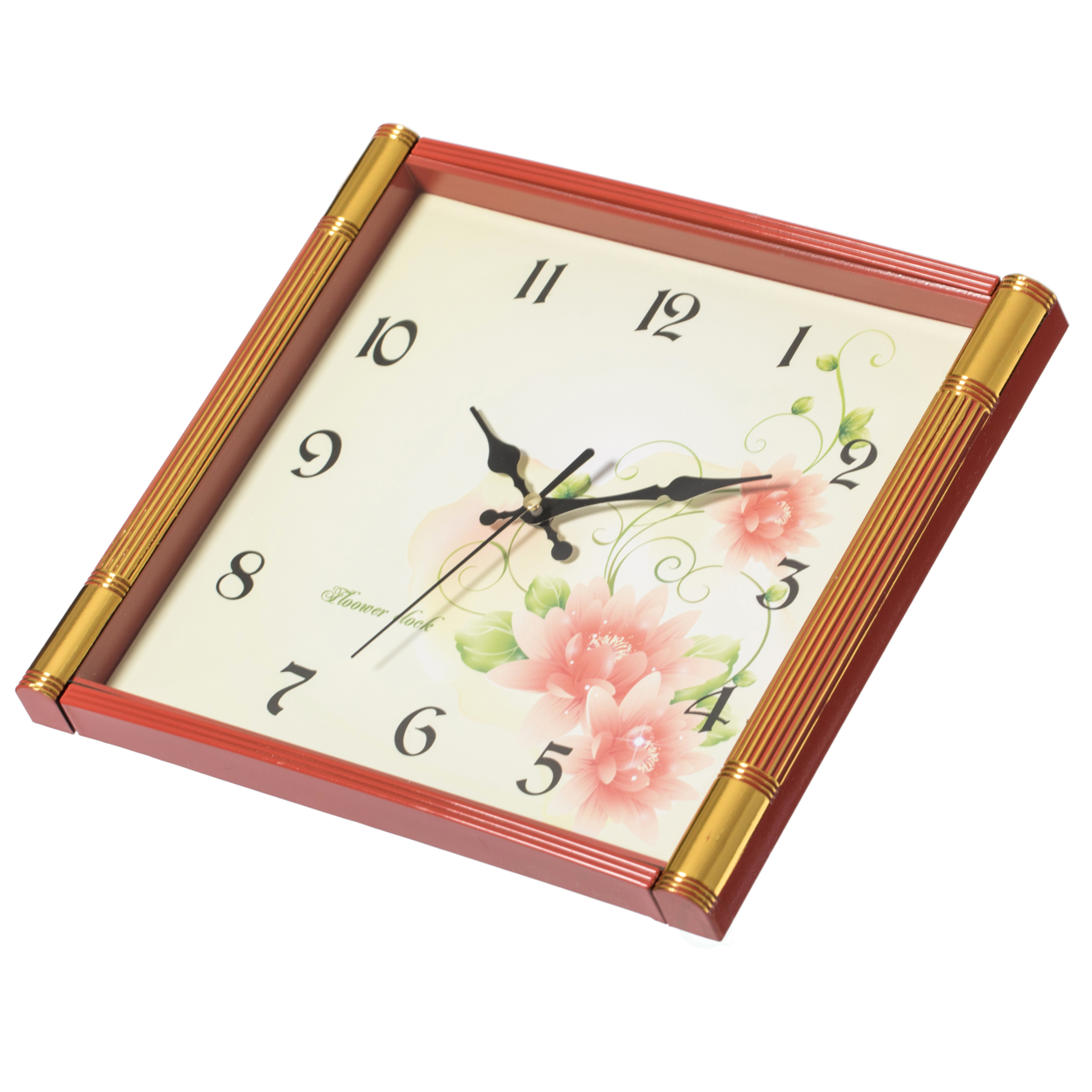 Unique Modern Square Shaped Wall Clock With Floral Design For Living Room, Kitchen, Or Dining Room