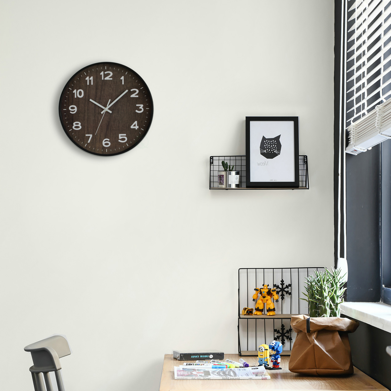 Decorative Modern Round Wood- Looking Plastic Wall Clock For Living Room, Kitchen, Or Dining Room - Oak