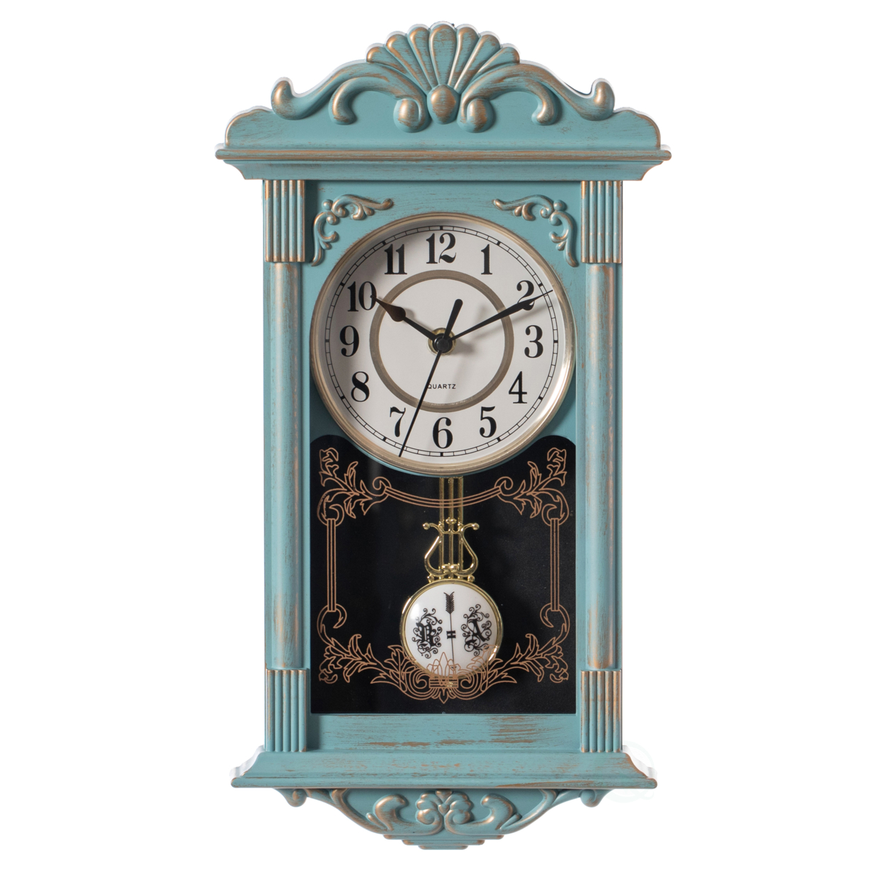 Vintage Grandfather Wood- Looking Plastic Pendulum Wall Clock For Living Room, Kitchen, Or Dining Room - Blue, 23.7 Inch Heigh