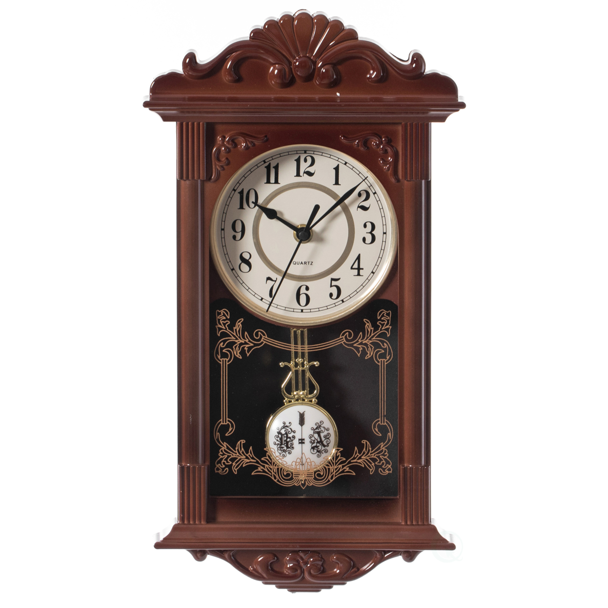 Vintage Grandfather Wood- Looking Plastic Pendulum Wall Clock For Living Room, Kitchen, Or Dining Room - Brown, 16 Inch Heigh