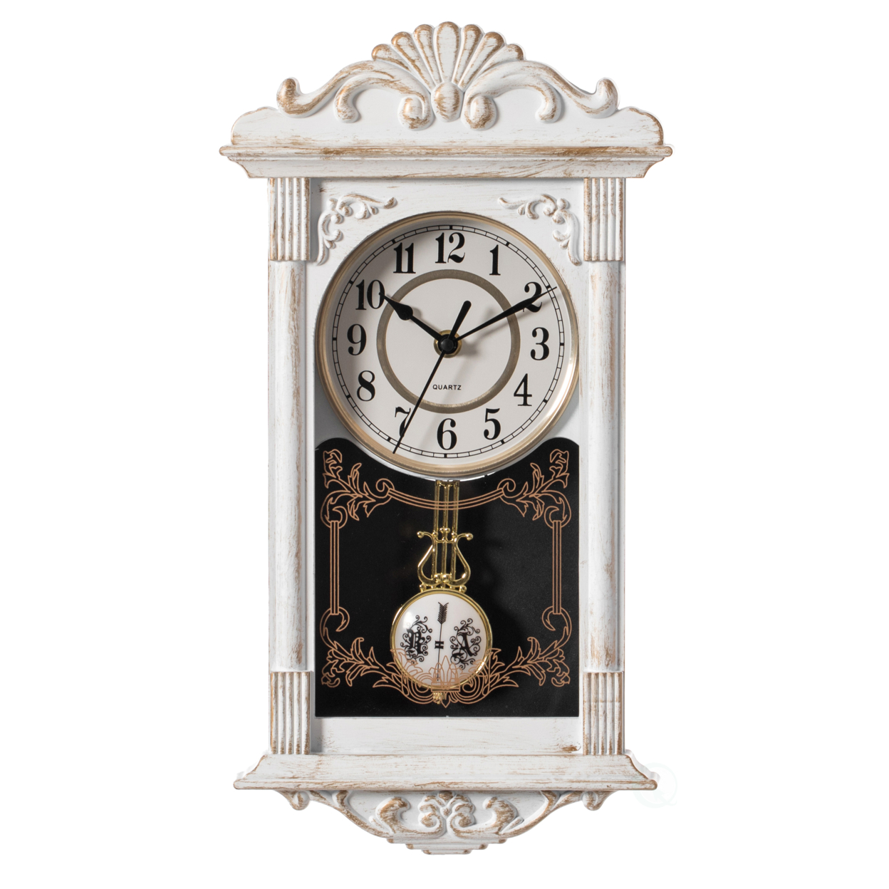 Vintage Grandfather Wood- Looking Plastic Pendulum Wall Clock For Living Room, Kitchen, Or Dining Room - White, 16 Inch Heigh