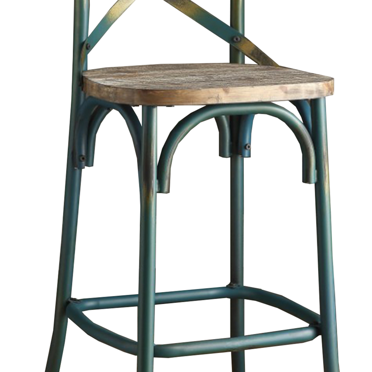 Wood & Metal Bar Height Chair With X Style Panel Back, Antique Sky Blue- Saltoro Sherpi