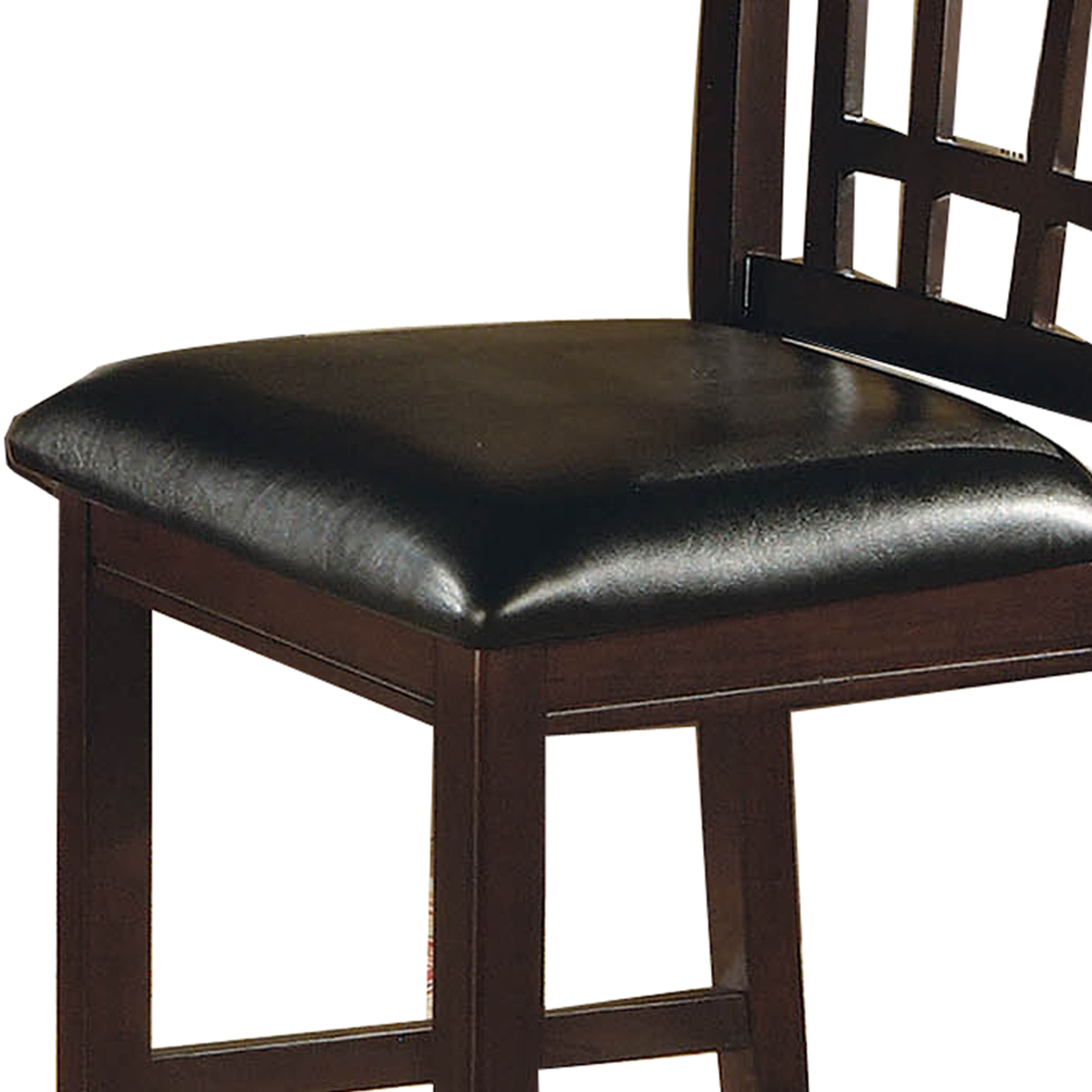 Lattice Back 24 Wooden Counter Height Chair With Leatherette Seat, Set Of 2, Brown And Black- Saltoro Sherpi