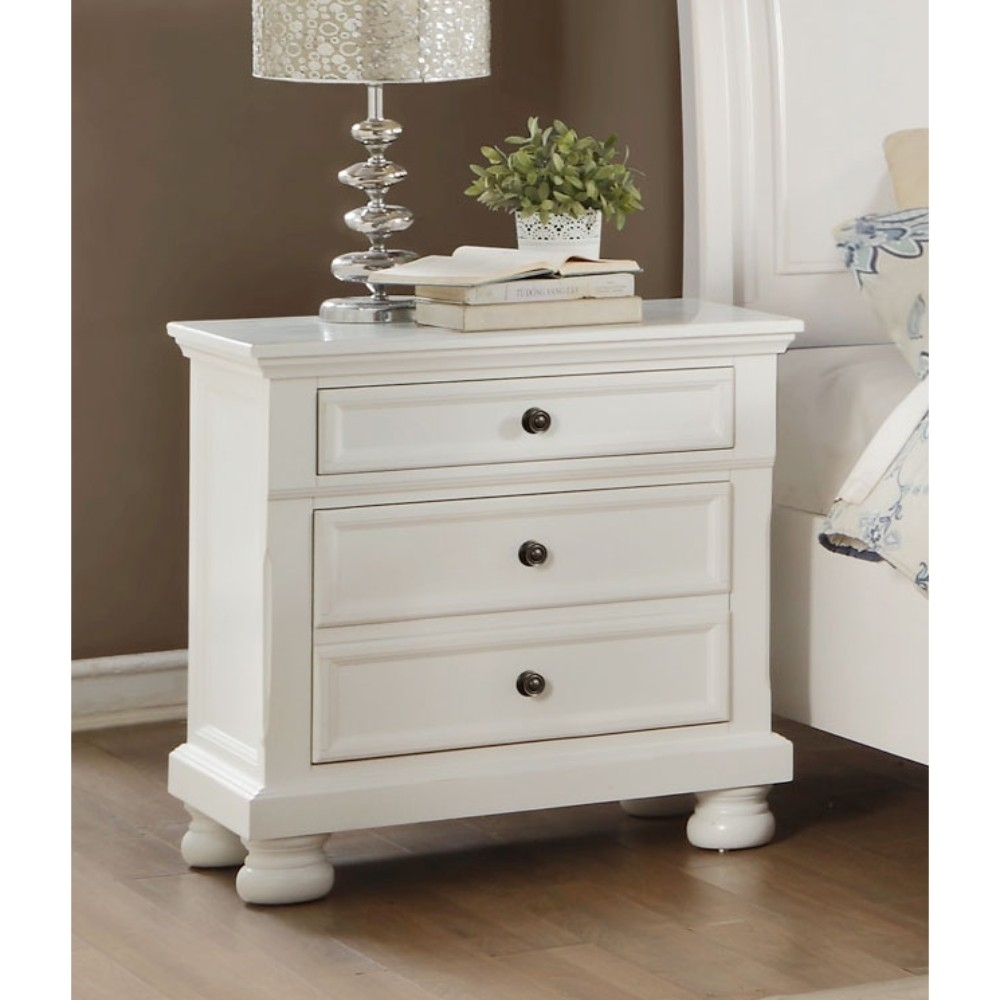 Transitional Style Two Drawer Wooden Night Stand With Round Bun Legs, White- Saltoro Sherpi