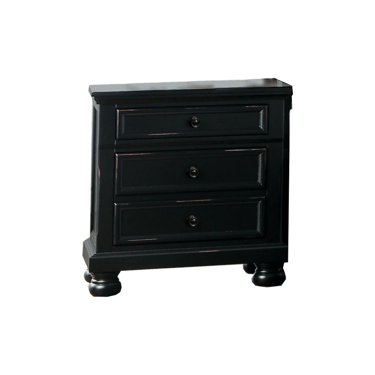 Transitional Style Two Drawer Wooden Night Stand With Round Bun Legs, Black- Saltoro Sherpi