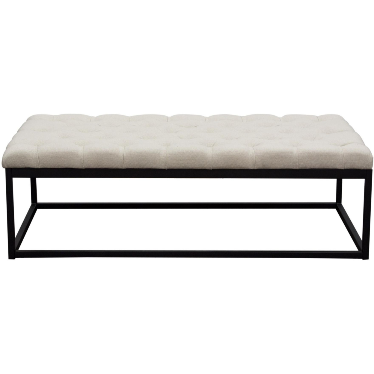 Linen Upholstered Button Tufted Bench With Open Metal Base, Large, Beige And Black- Saltoro Sherpi
