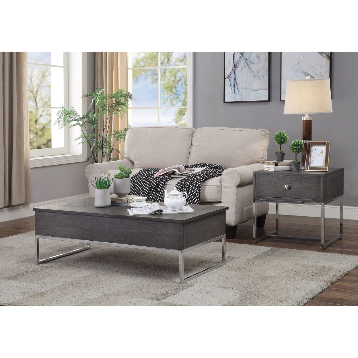 Wooden Coffee Table With Two Lift Tops And Metal Sled Leg Support, Gray And Silver- Saltoro Sherpi