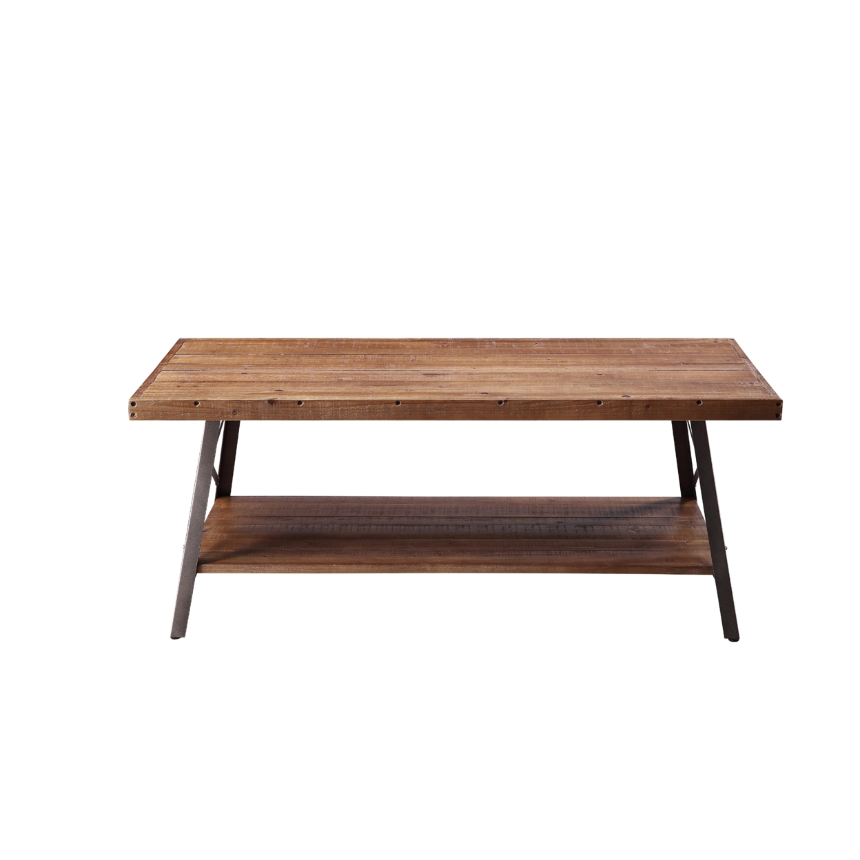 Wooden Coffee Table With X Crossed Metal Sides And Open Shelf, Brown And Black- Saltoro Sherpi
