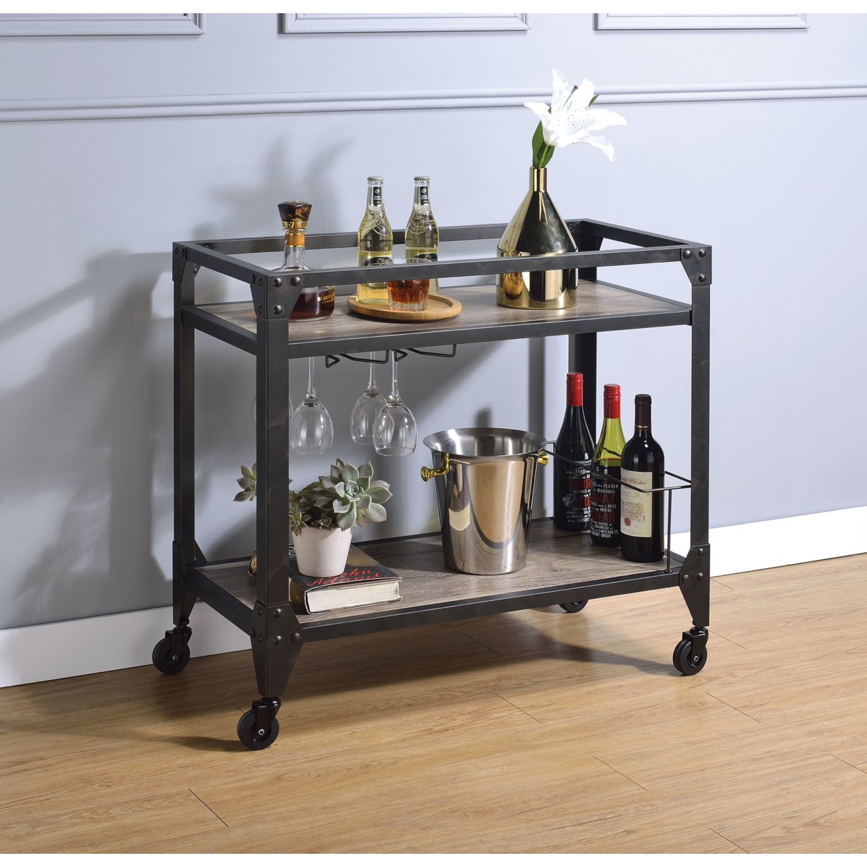 Metal Framed Serving Cart With Wooden Shelves With Wine Bottle Holder, Brown And Gray- Saltoro Sherpi