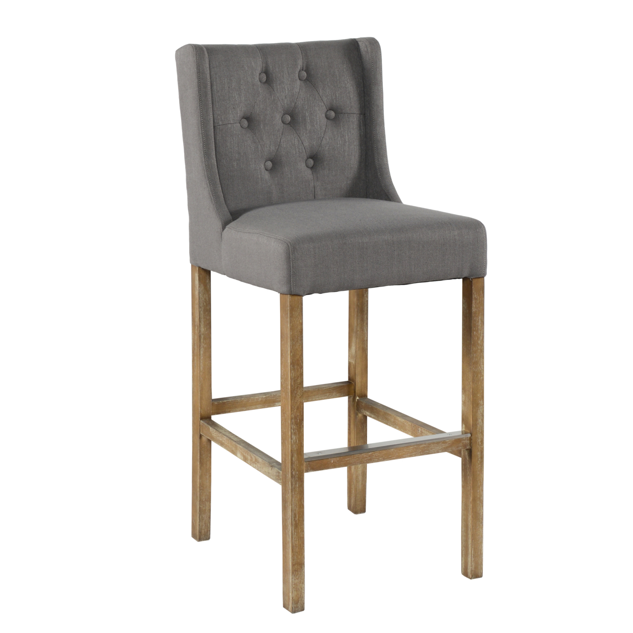 Wooden Barstool With Padded Seat, Button Tufted, Wing Back, Set Of 2, Gray And Brown- Saltoro Sherpi