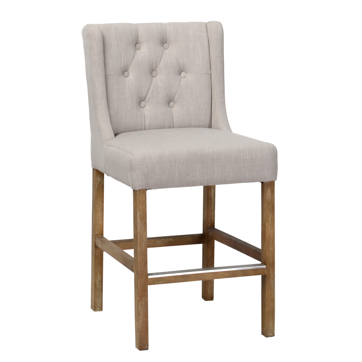 Wooden Counter Height Stool With Fabric Padded Seat And Tufted Wing Back, Beige And Brown- Saltoro Sherpi