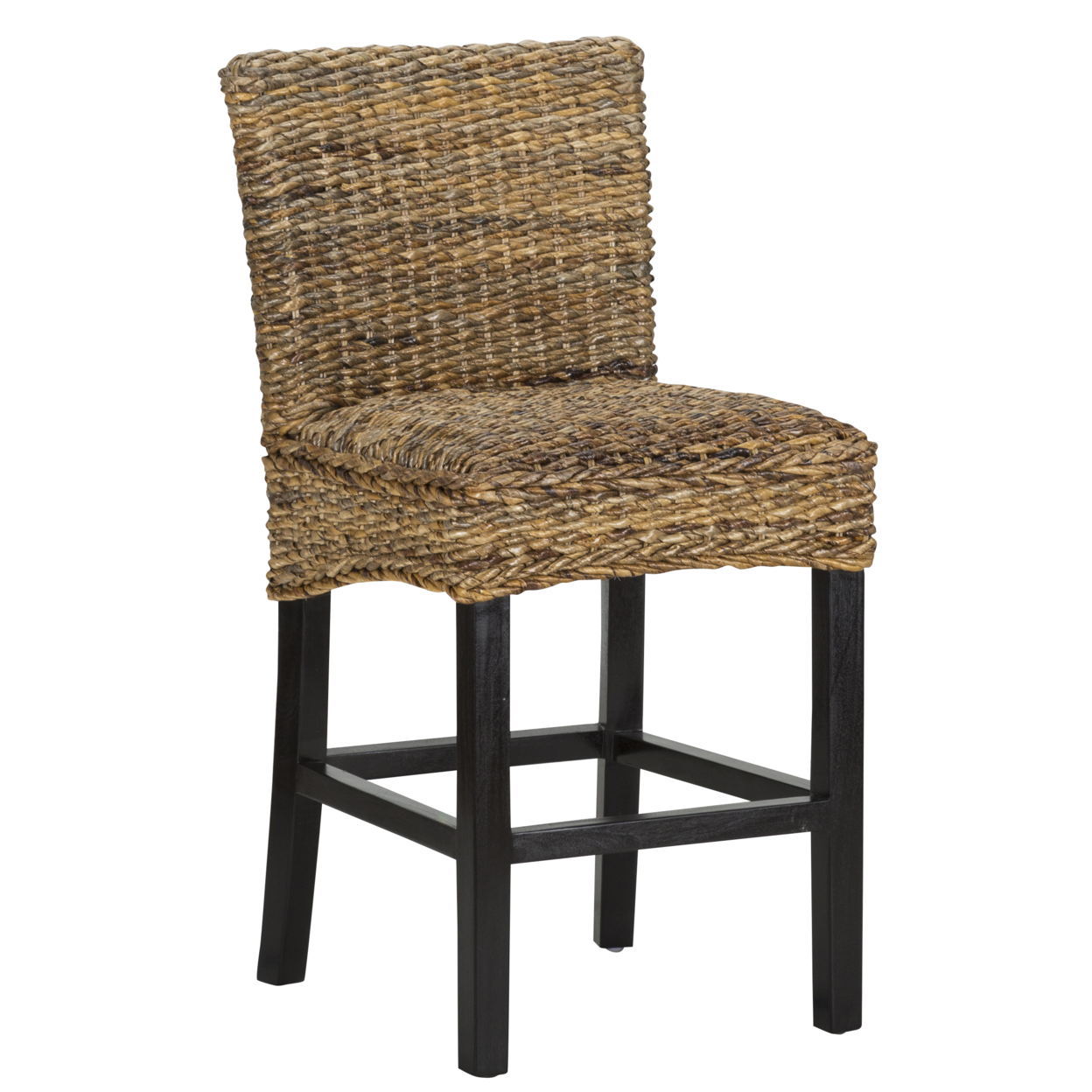 Woven Rattan Counter Height Stool With Wooden Legs And Low Profile Backrest, Brown And Black- Saltoro Sherpi