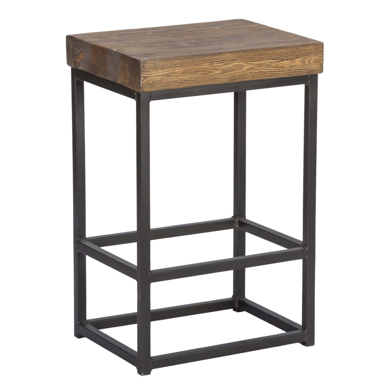 Iron Base Counter Height Stool With Pine Wood Seat, Brown And Black- Saltoro Sherpi