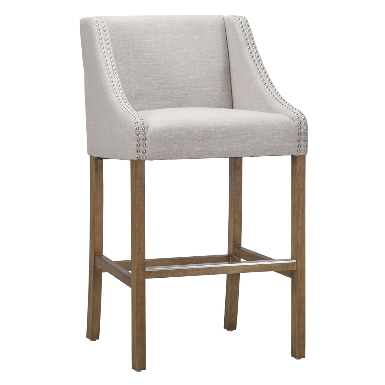 Wood And Fabric Counter Height Stool With Swooping Arms And Nail Head Trim, Beige And Brown- Saltoro Sherpi