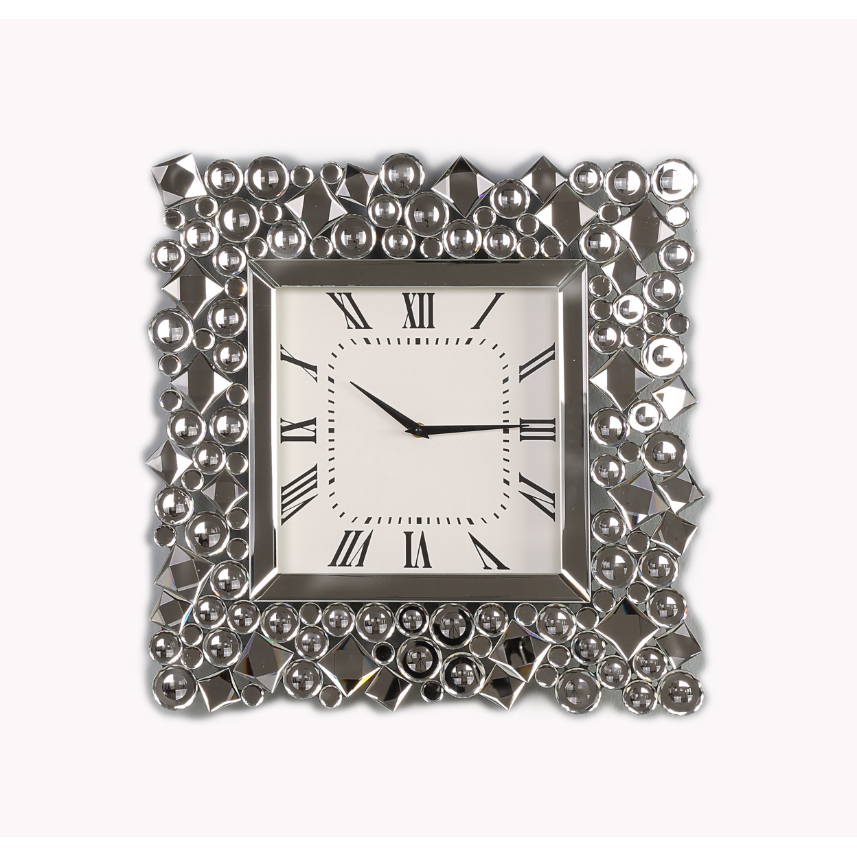 Wood And Mirror Wall Clock With Glass Crystal Gems, Clear And Black- Saltoro Sherpi