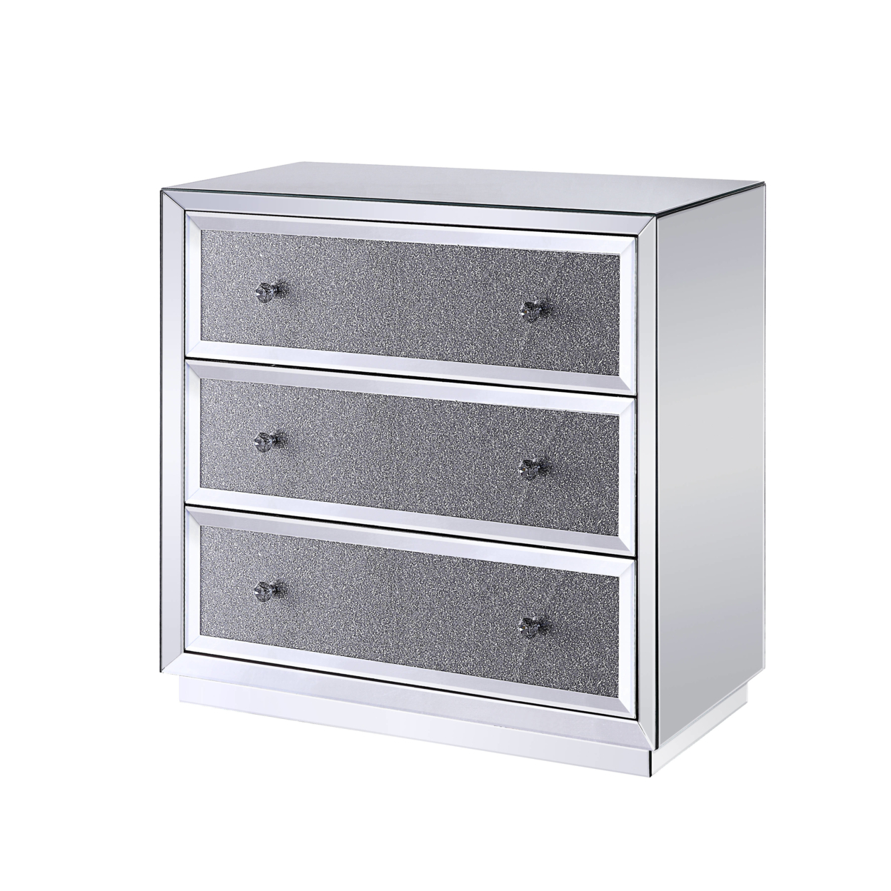 Three Drawers Wooden Cabinet With Mirrored Paneling And Faux Crystal Inlay, Clear- Saltoro Sherpi