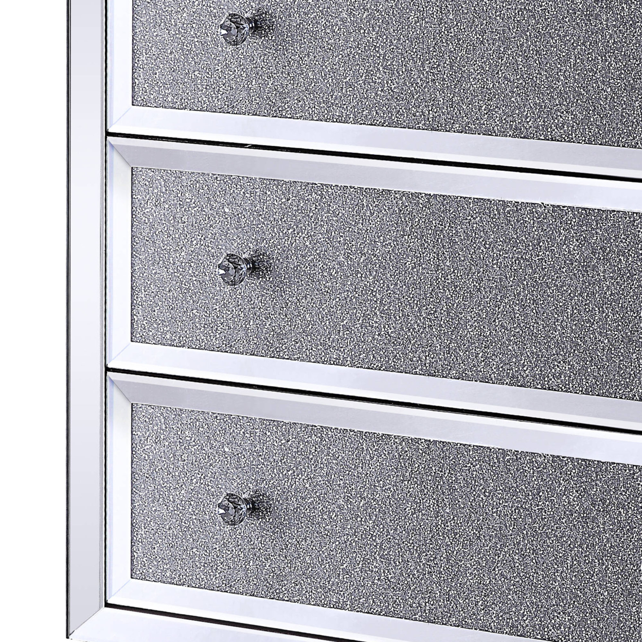 Three Drawers Wooden Cabinet With Mirrored Paneling And Faux Crystal Inlay, Clear- Saltoro Sherpi