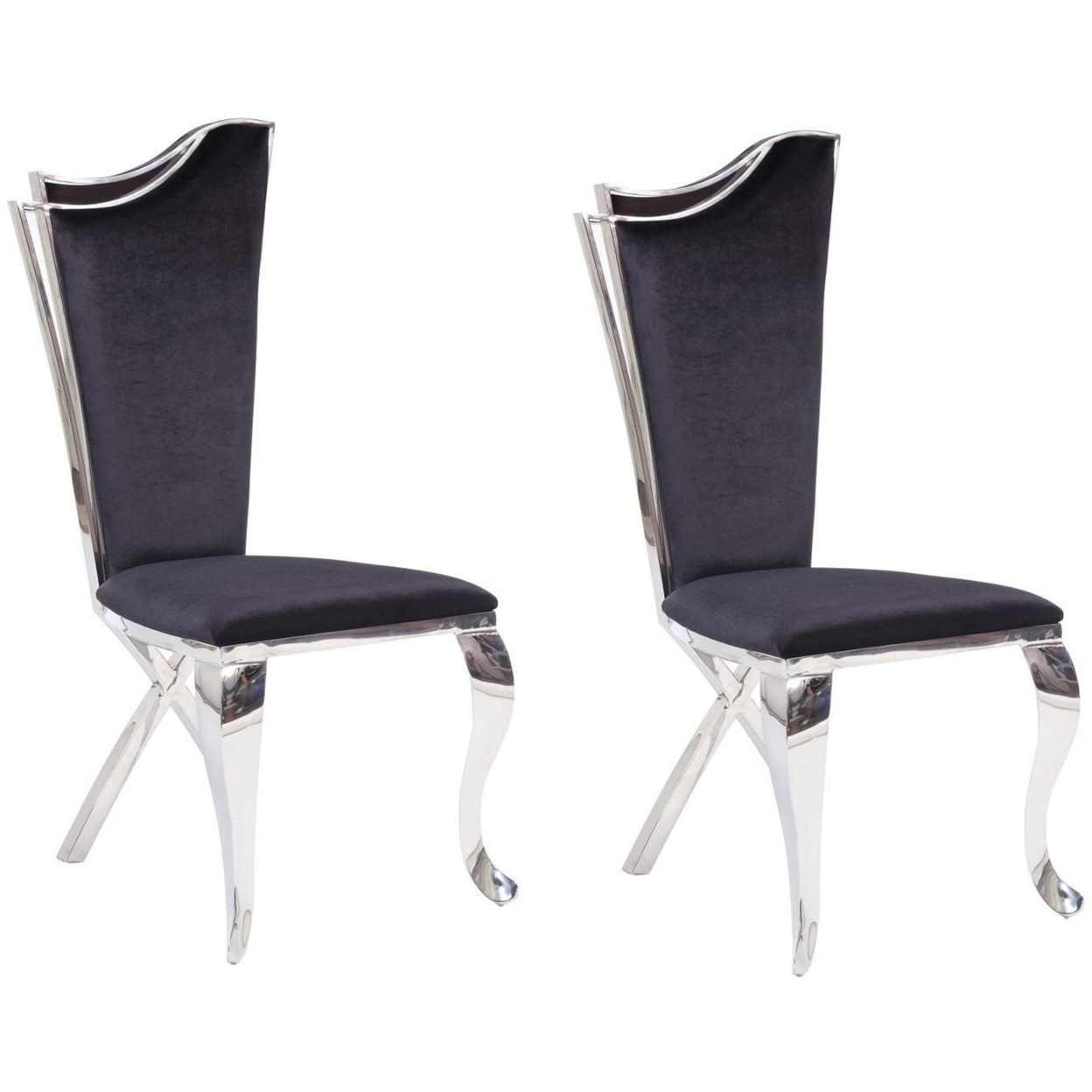 Fabric Upholstered Metal Side Chairs With Asymmetrical Backrest, Silver And Black, Set Of Two- Saltoro Sherpi