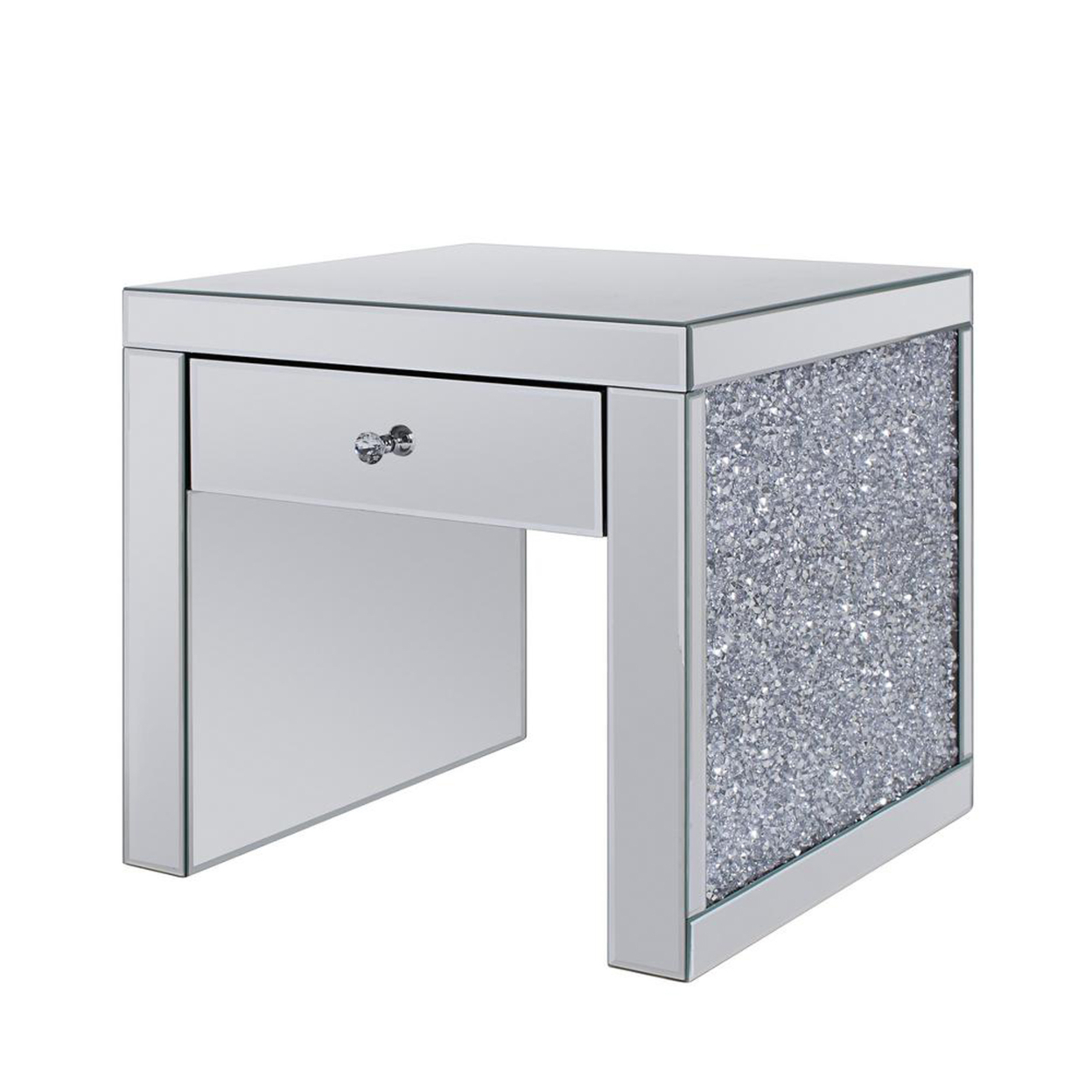 Wood And Mirror End Table With One Drawer, Clear- Saltoro Sherpi