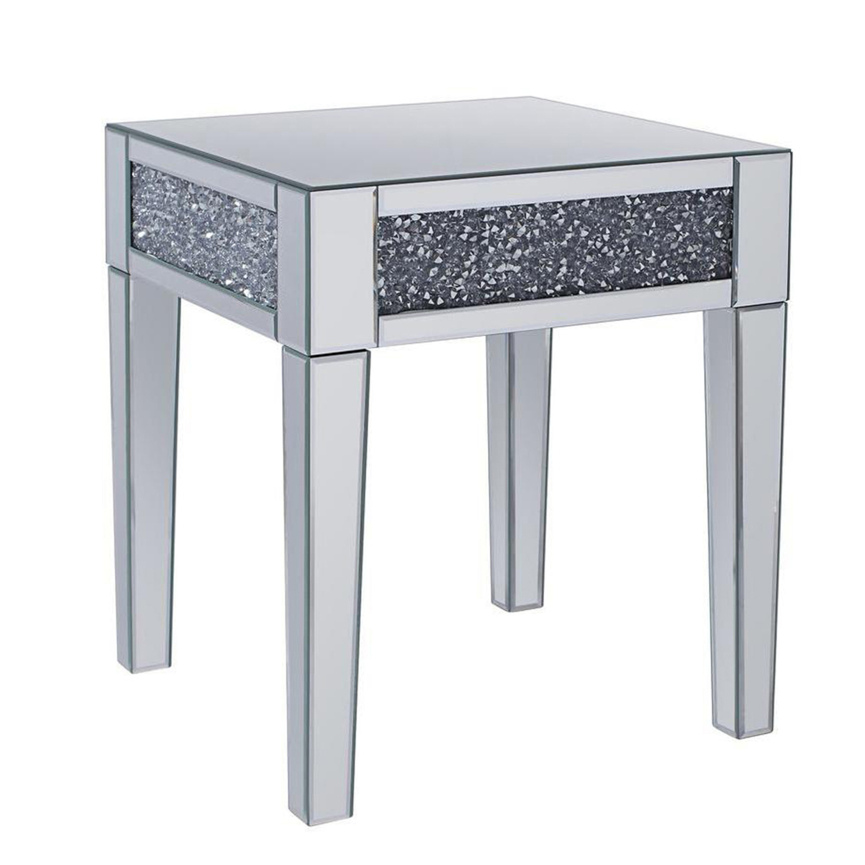 Wood And Mirror End Table With Faux Crystals Inlay, Clear- Saltoro Sherpi