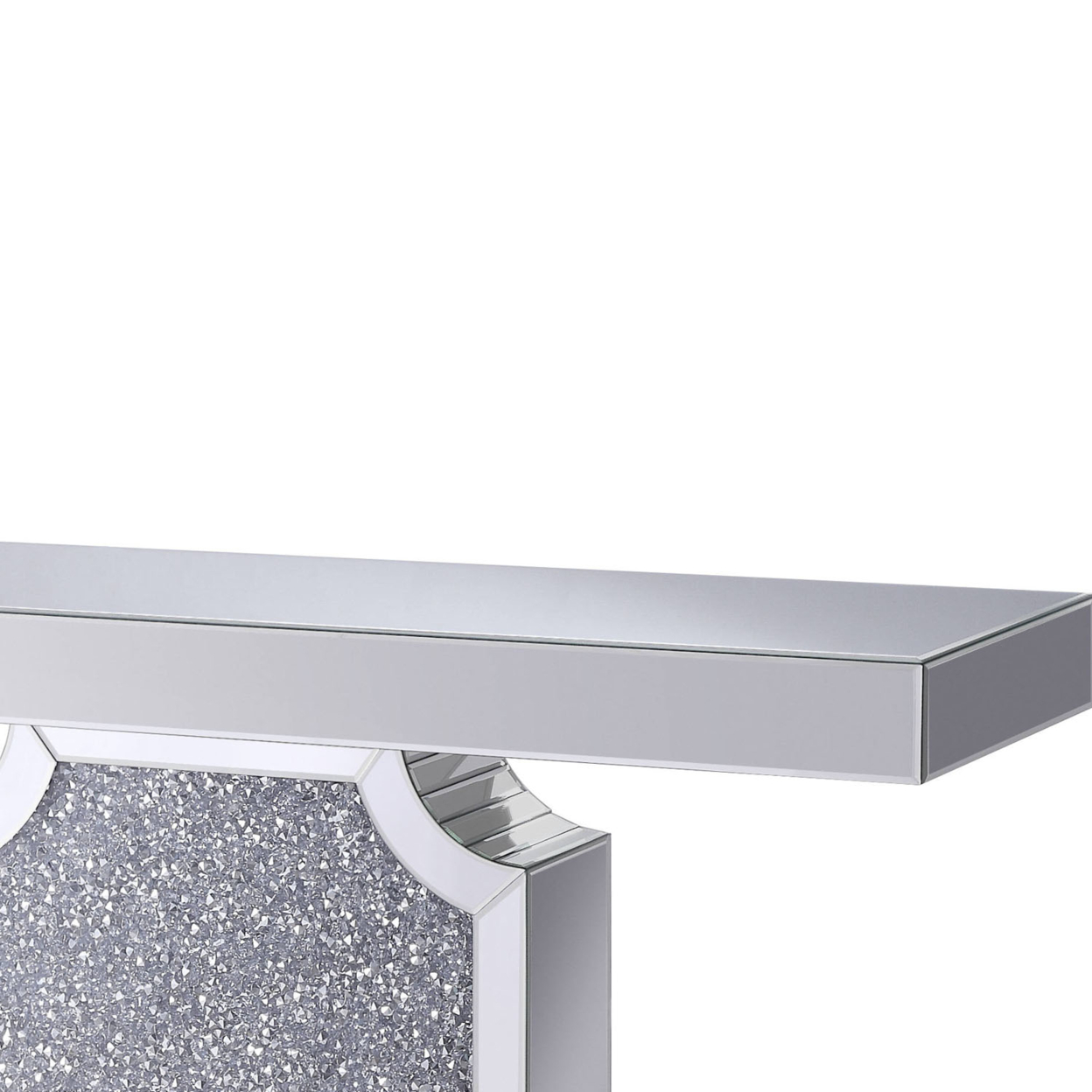 Wood And Mirror Console Table With Faux Crystal Accented Sculptural Pedestal Base, Clear- Saltoro Sherpi