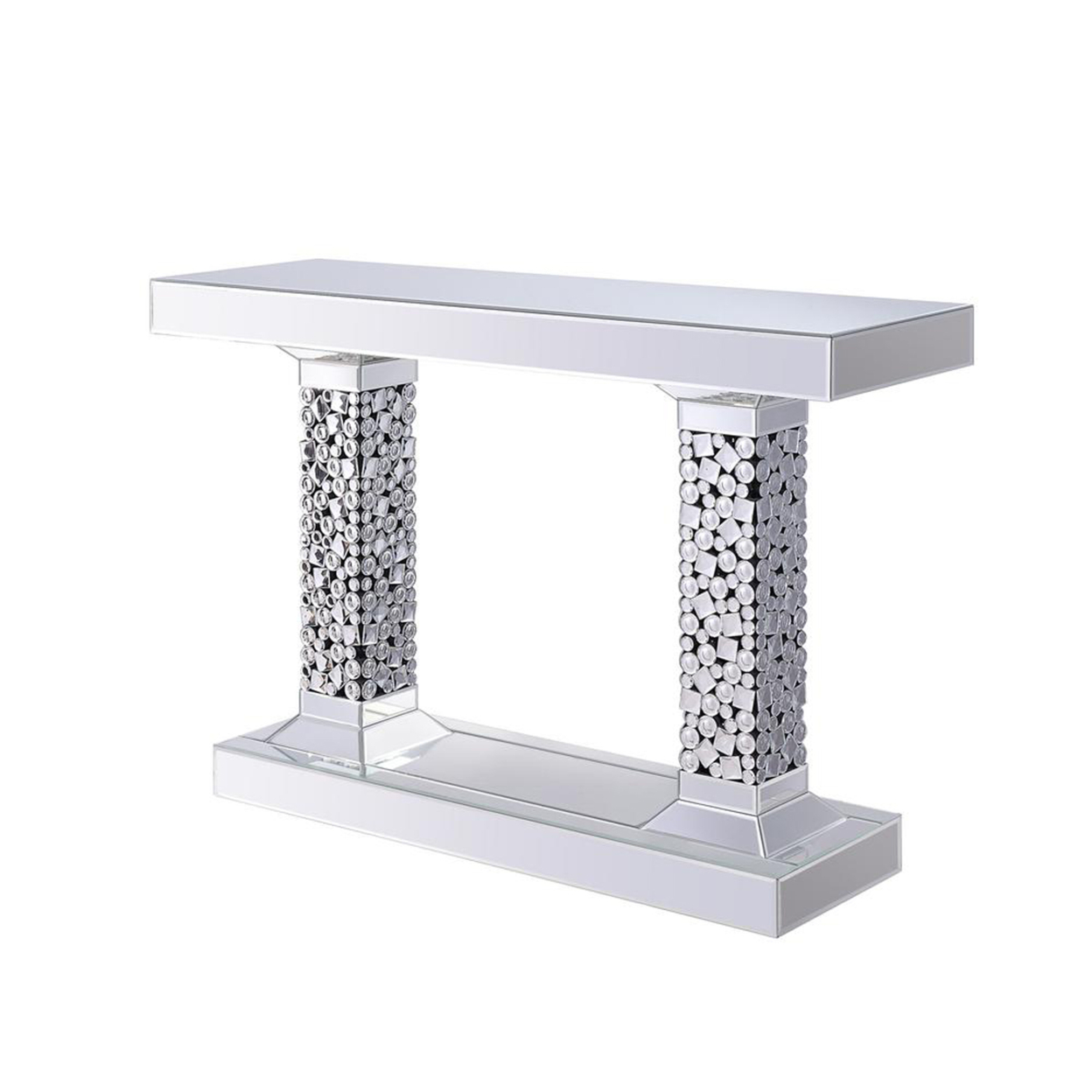 Wood And Mirror Console Table With Two Pedestal Base, Clear And Black- Saltoro Sherpi