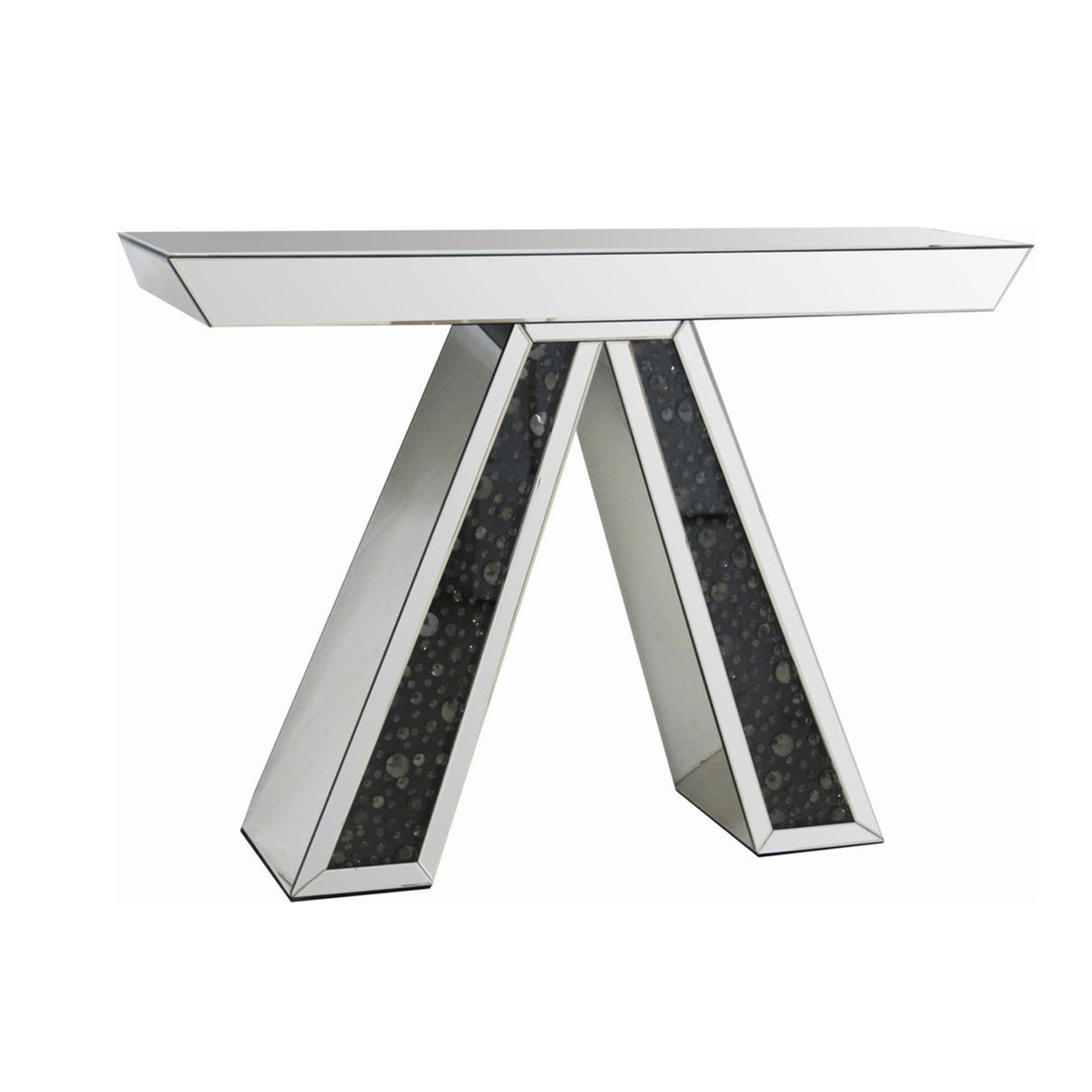 Wood And Mirror Console Table With A Reverse V Shaped Base, Clear And Black- Saltoro Sherpi