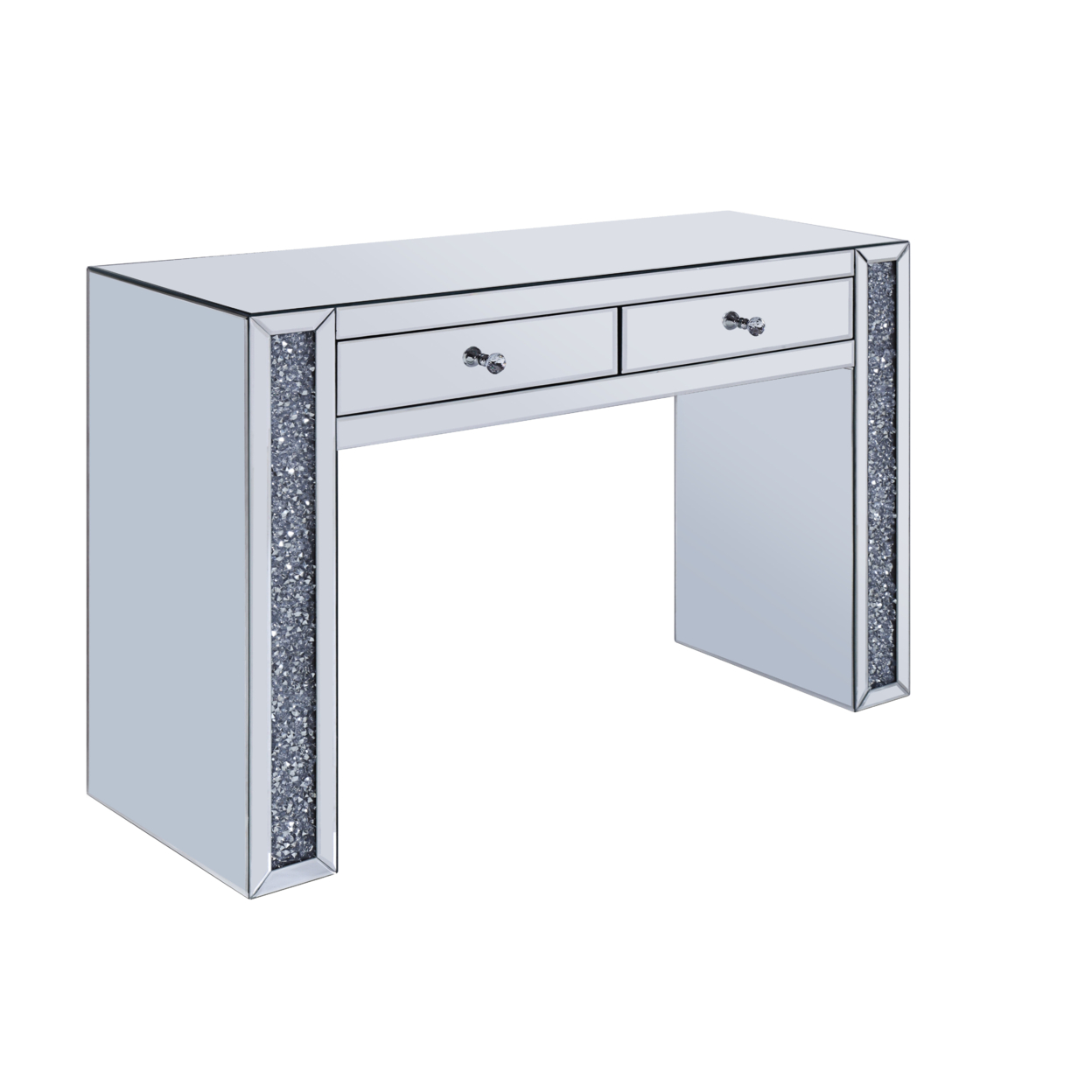 Faux Crystal Accented Wood And Mirror Vanity Desk With Two Drawers, Clear- Saltoro Sherpi