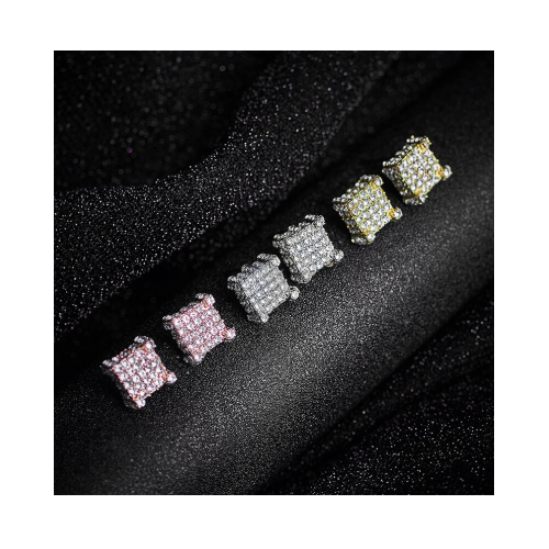 Silver Micro Pave Stud Earrings Clear Square 3d Sidestones - YELLOW GOLD