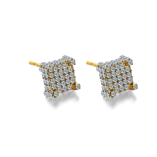 Silver Micro Pave Stud Earrings Clear Square 3d Sidestones - ROSE GOLD