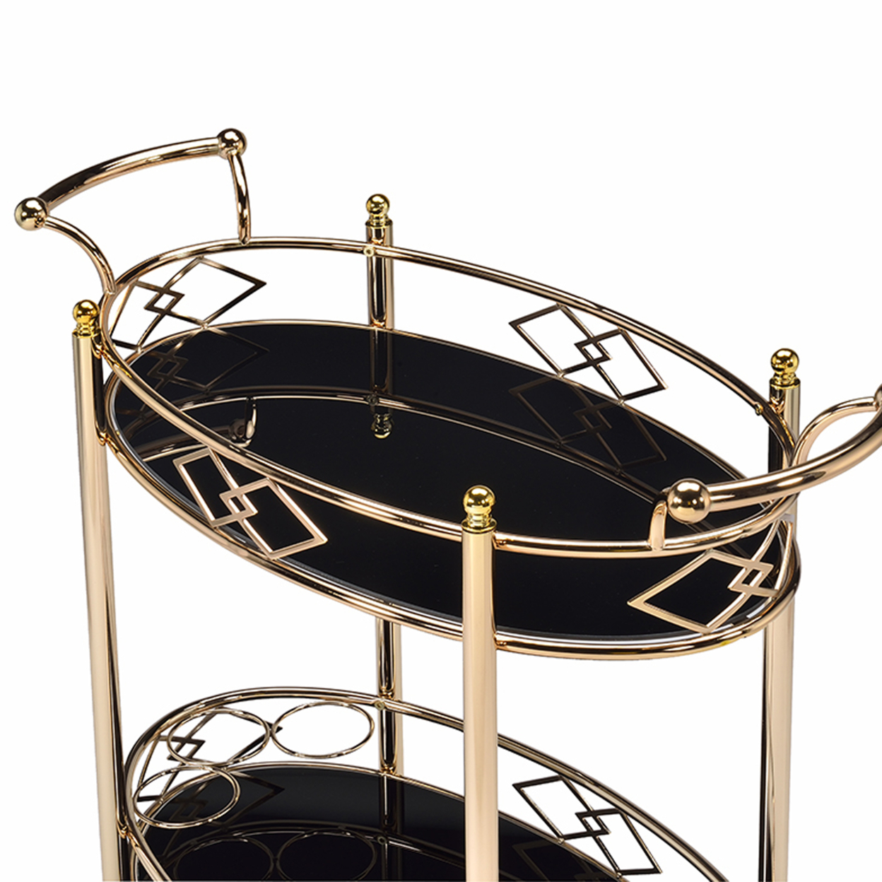 Metal Framed Serving Cart With Tempered Glass Top And Open Bottom Shelf, Gold And Black- Saltoro Sherpi
