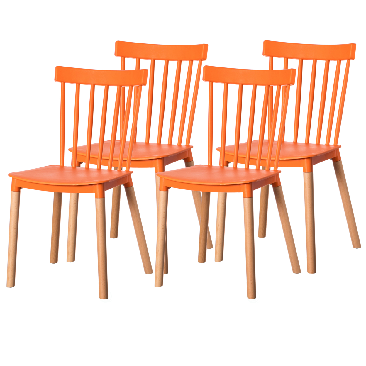 Modern Plastic Dining Chair Windsor Design With Beech Wood Legs - Set Of 4 Orange