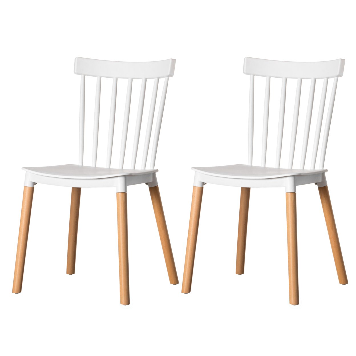 Modern Plastic Dining Chair Windsor Design With Beech Wood Legs - Set Of 2 White