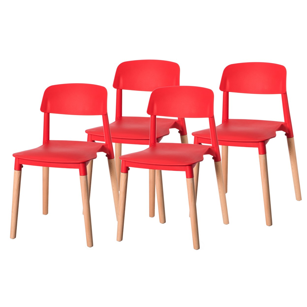Modern Plastic Dining Chair Open Back With Beech Wood Legs - Set Of 4 Red
