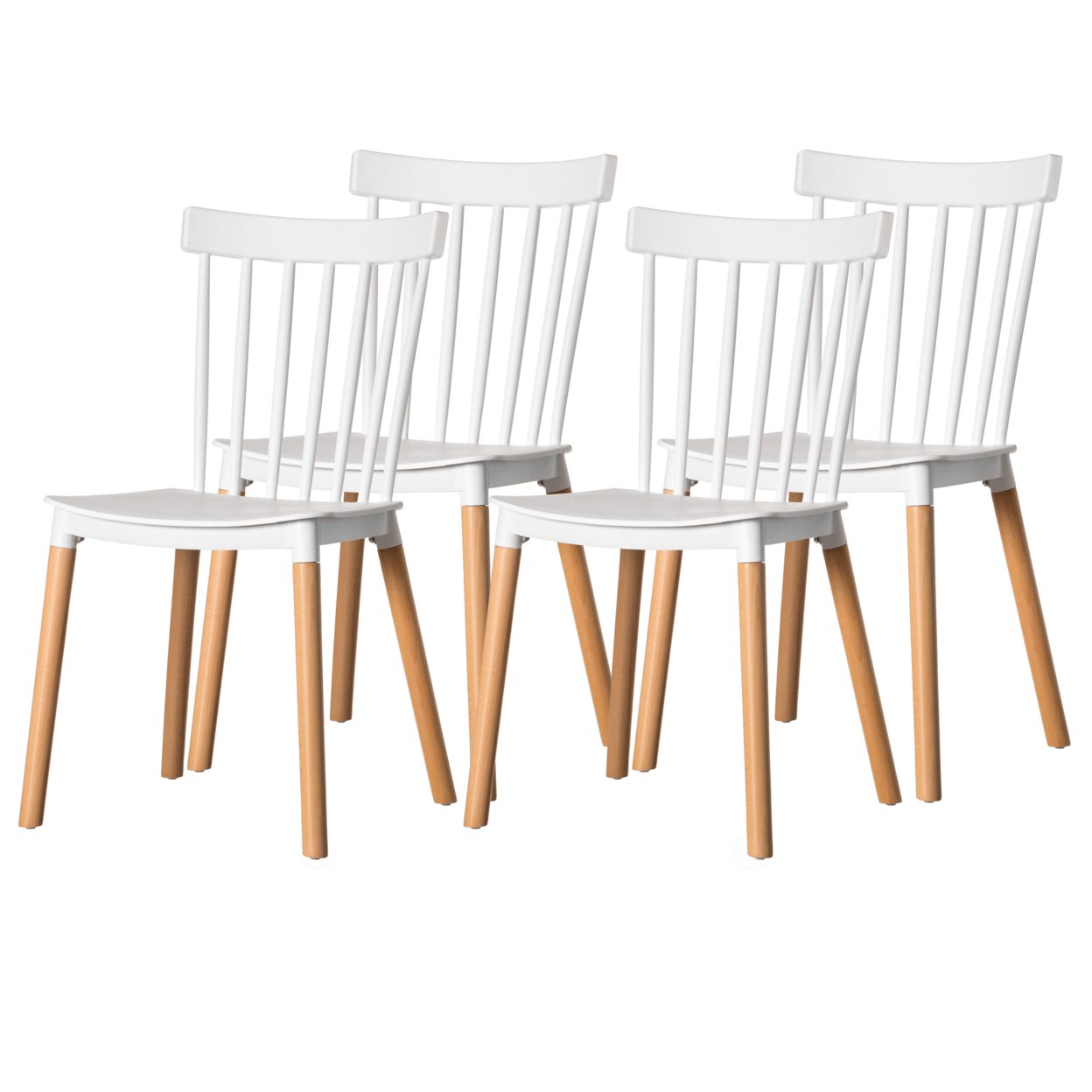 Modern Plastic Dining Chair Windsor Design With Beech Wood Legs - Set Of 4 White