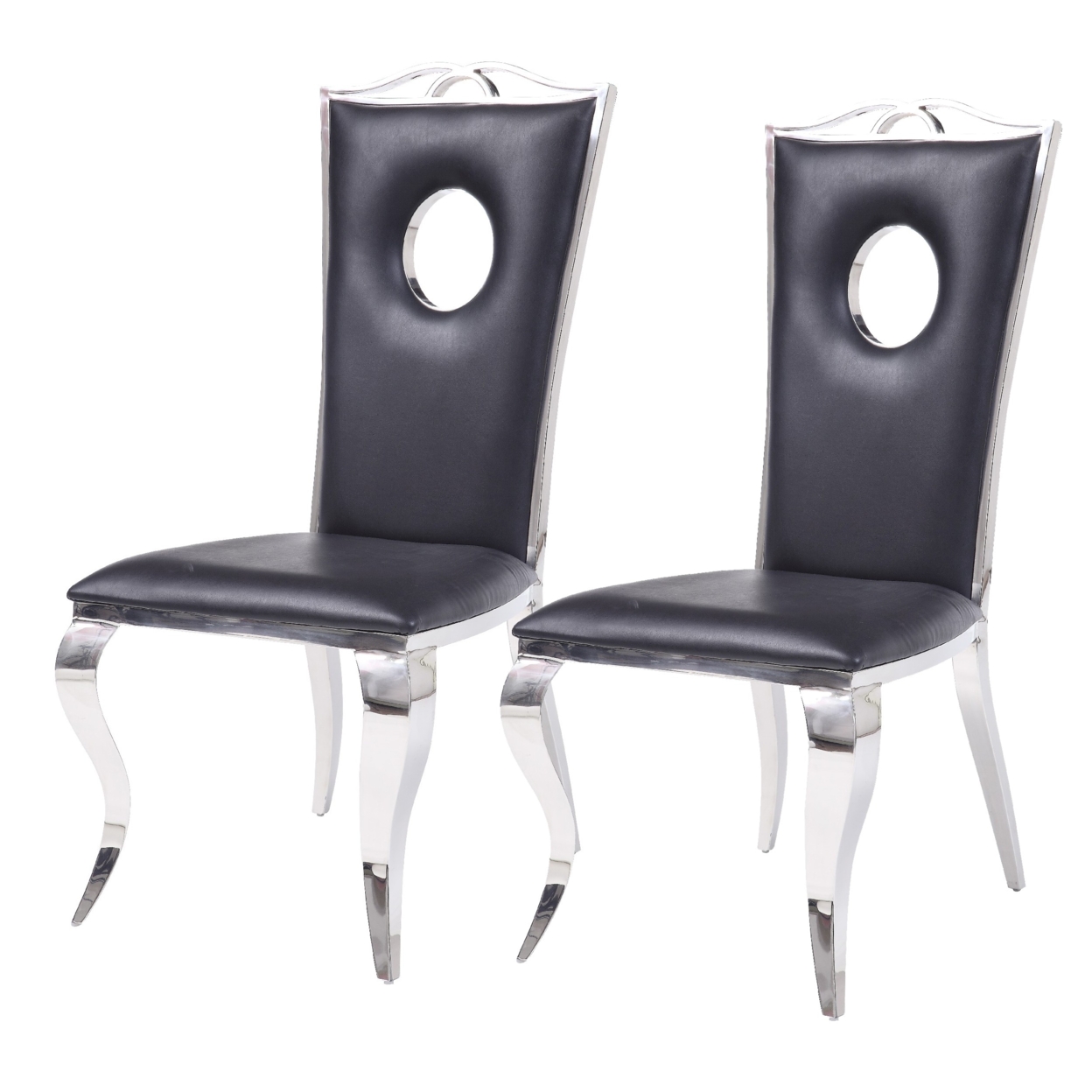 19 Inch Dining Side Chair, Faux Leather, Set Of 2, Black, Silver- Saltoro Sherpi