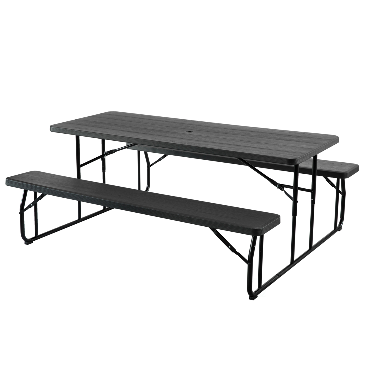 Outdoor Foldable Woodgrain Picnic Table Set With Metal Frame 6 Ft. Black