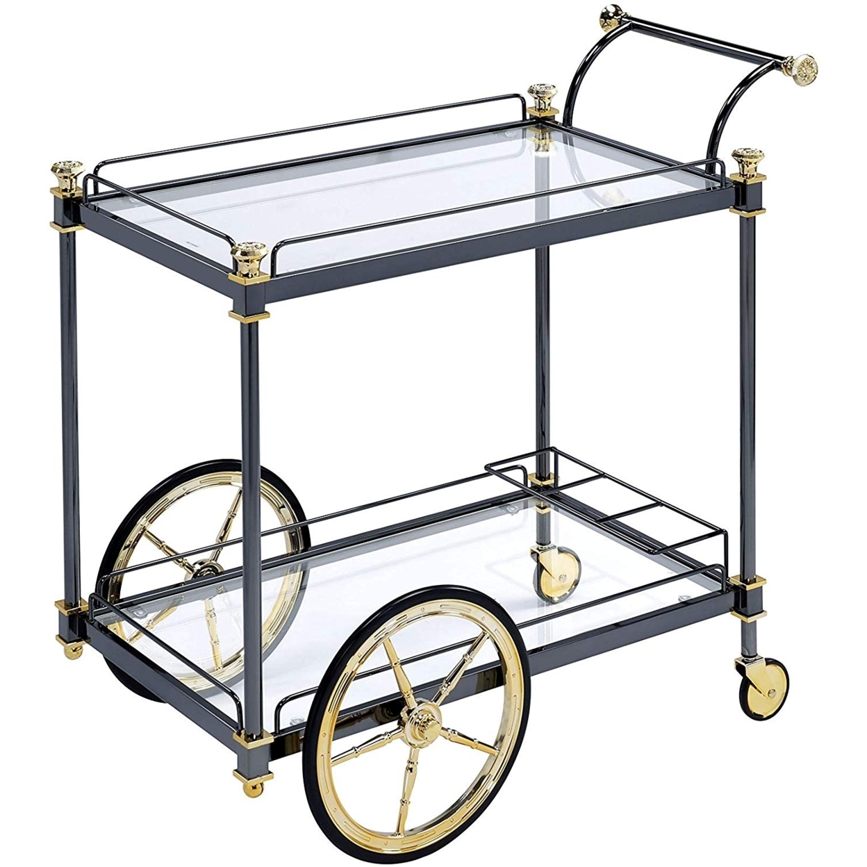 Metal Framed Serving Cart With Glass Shelves And Side Handle, Black And Gold- Saltoro Sherpi