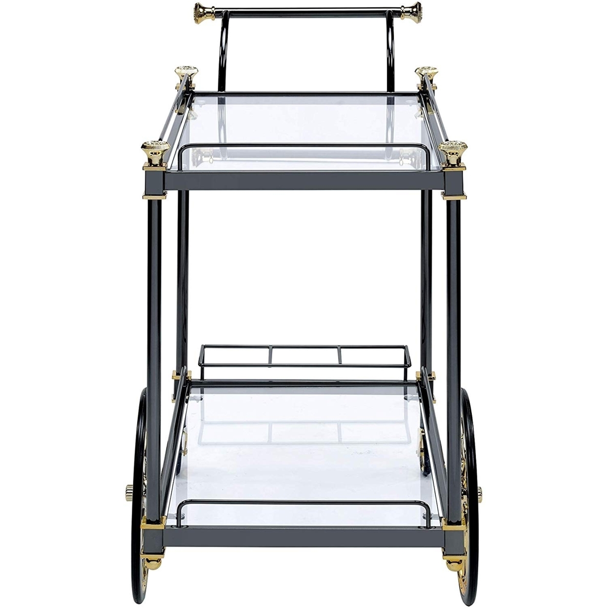 Metal Framed Serving Cart With Glass Shelves And Side Handle, Black And Gold- Saltoro Sherpi