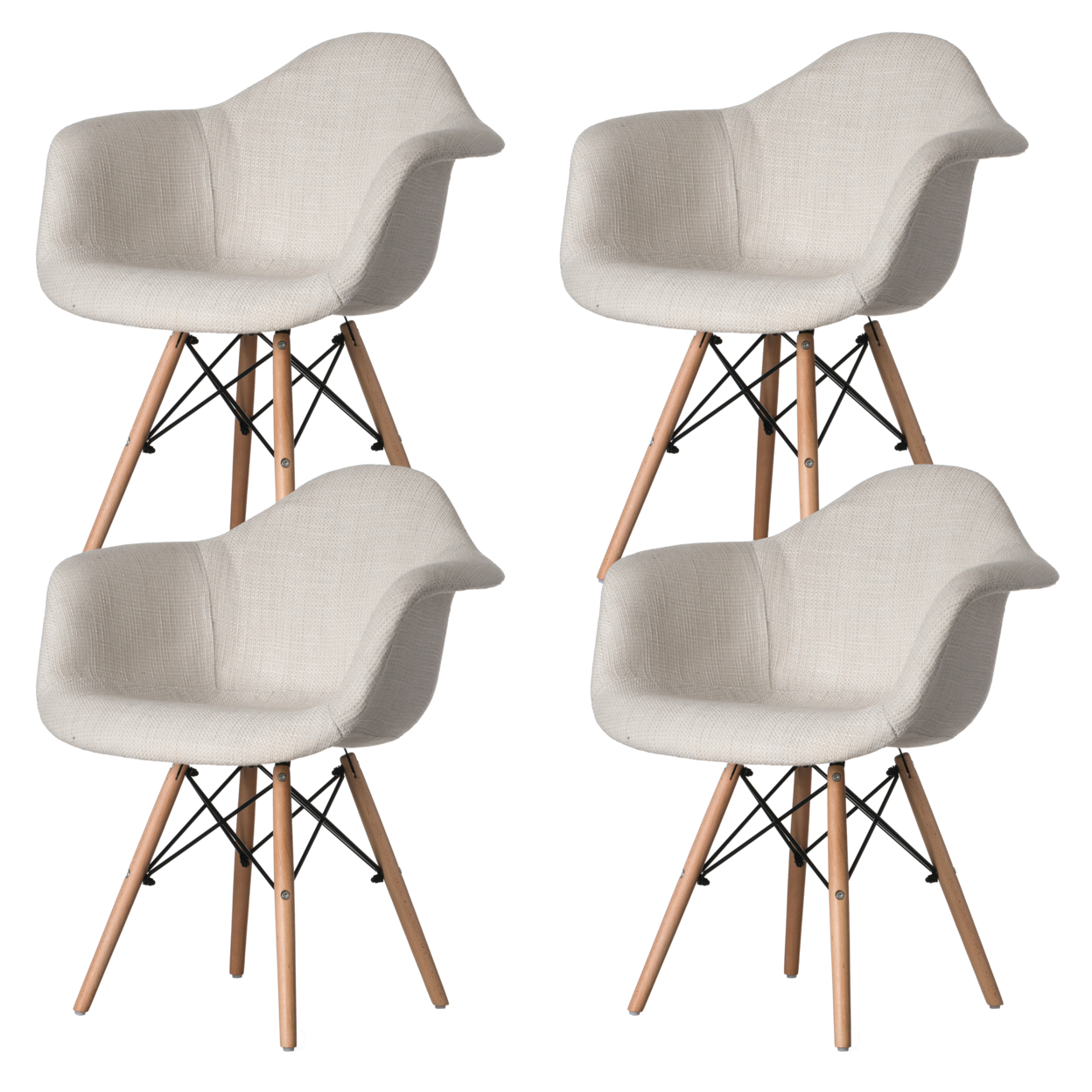 Mid-Century Modern Style Fabric Lined Armchair with Beech Wooden Legs - White Set of 4